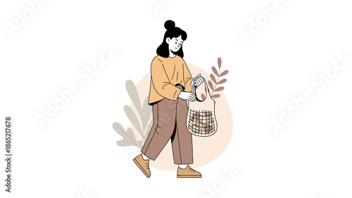 Woman with reusable shopping bag walking, eco-friendly lifestyle concept, flat illustration