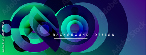 Abstract vibrant design features concentric circles, flowing shapes. Gradient colors blend green, purple, blue creating dynamic visual effect. Text reads background design.