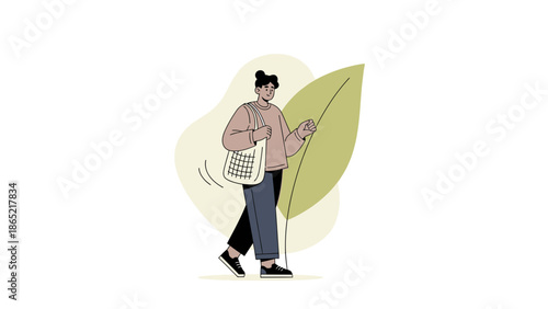 Woman with Tote Bag Walking Near Large Leaf Illustration