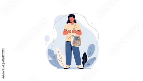 Woman with Tote Bag, Sustainable Shopping, Casual Style, Abstract Nature Background
