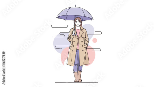 Woman with Umbrella Standing, Trench Coat, Autumn Weather, Minimalist Illustration