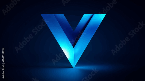 Sleek blue glowing 3D letter V on a dark background, representing technology, future, innovation, and success. Abstract graphic design element.