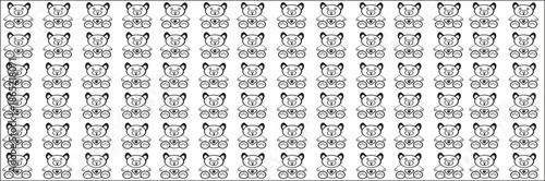 A minimalist horizontal banner featuring a repeating pattern of small teddy bears with hearts. This black and white line art design is ideal for nursery headers, baby shower tape, scrapbook borders.