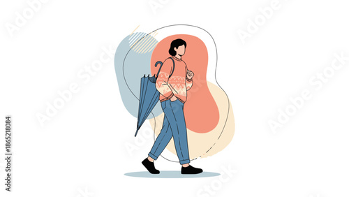 Woman with Umbrella Walking, Abstract Shapes Background, Flat Illustration