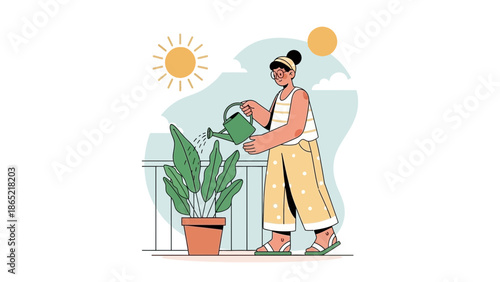 Woman watering potted plant on balcony, illustration, summer day, gardening hobby