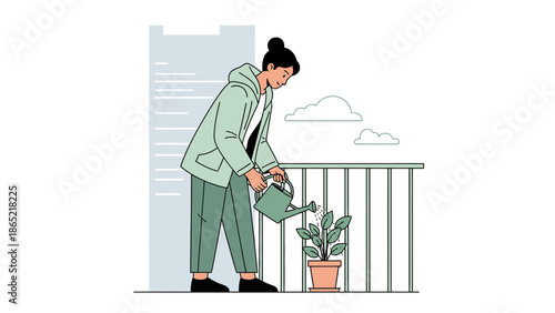 Woman watering potted plant on balcony, urban gardening, healthy lifestyle flat illustration