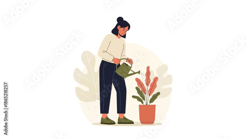 Woman watering potted plant with watering can, home gardening illustration
