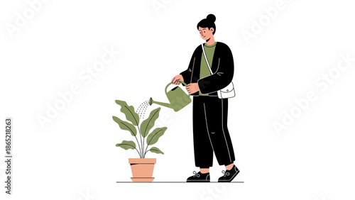 Woman watering potted plant with watering can, home gardening, healthy lifestyle illustration