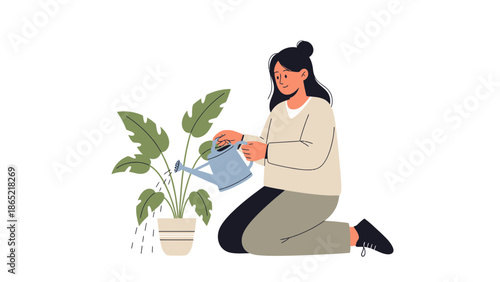 Woman watering potted plant with watering can, home gardening, houseplant care, illustration