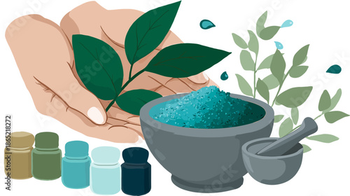 Natural holistic wellness concept with hands holding green botanical leaves, essential oils, bath salts, and mortar and pestle.