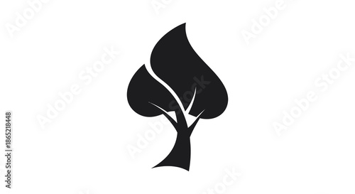 A striking black and white depiction of a stylized tree with leaves in a bold silhouette