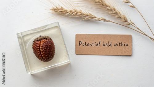 A Single Acorn Encased in Resin with the Word Potential Handwritten