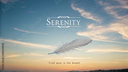 A single white feather floats gently against a soft sky gradient.