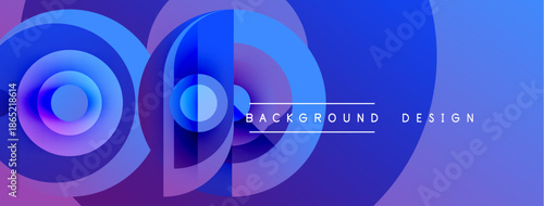 Abstract blue gradients create dynamic layers. Circular shapes intersect with flowing lines, forming modern background design.
