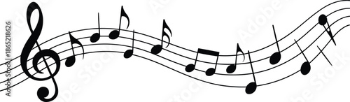 Stylized musical staff with treble clef and dynamic notes flowing in wave pattern, representing rhythm, melody, and artistic sound expression.