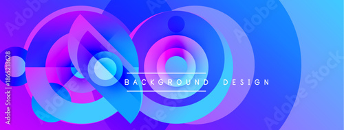 Abstract vibrant design features layered circles, droplet shape. Blue, purple hues create dynamic visual effect. Text reads background design.