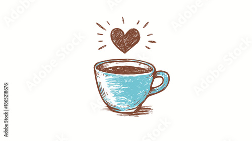 Hand-drawn sketch illustration of a light blue coffee cup with a radiating heart symbol, representing love for warm beverages