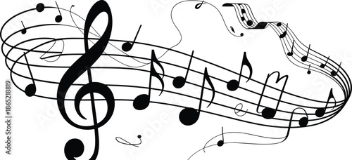 Abstract musical notes and treble clef flowing on staff lines, elegant black and white music illustration representing melody, rhythm, harmony, creativity, and artistic sound waves