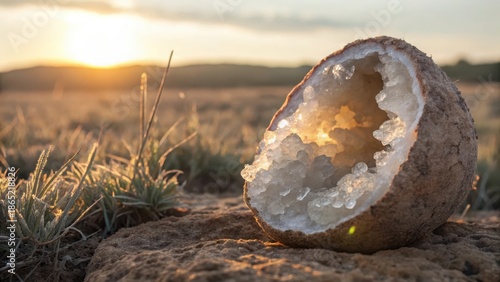 A Solitary Geode Filled With Crystals Bathed in Golden Sunset Light Outdoors