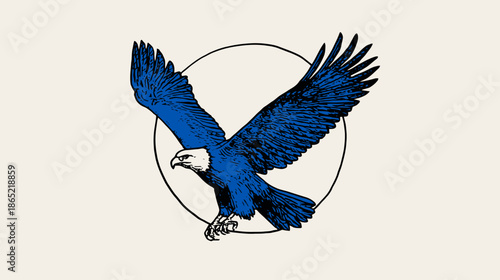 Dynamic blue eagle in flight with wings spread, a powerful illustration in vintage drawing style with a subtle circle.