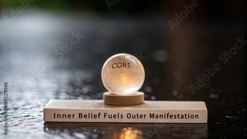 A small, translucent orb labeled 'CORE' emits soft light, symbolizing inner belief fueling outer manifestation.