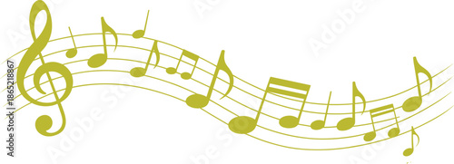 Flowing musical staff with treble clef and vibrant notes in motion, symbolizing melody, rhythm, harmony, and artistic expression on white background.