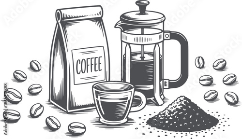 Coffee beans bag and french press with cup in monochrome line