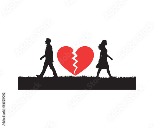 Couple walking away from a broken red heart on green grass