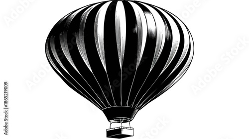 Vintage Striped Hot Air Balloon Illustration in Classic Black and White Engraving Style, Isolated Design Element for Travel