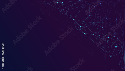 Illustration of a dark blue background with a geometric network pattern in the top right corner