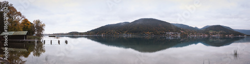 Panoramic view of Lake Tegernsee with water reflection in autumn, Baviera, Germany