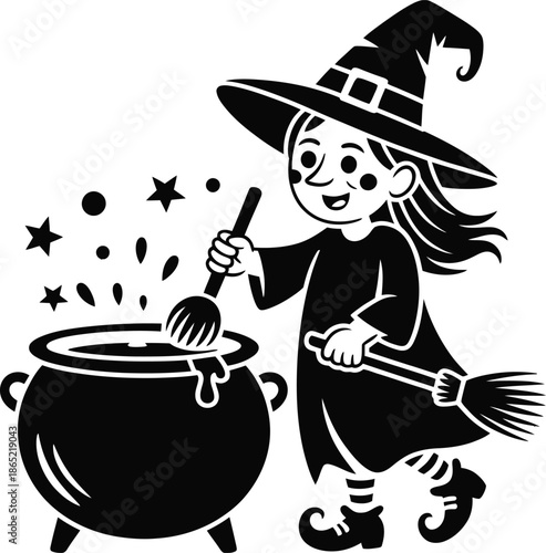 Cartoon witch stirring cauldron with broom and stars desig