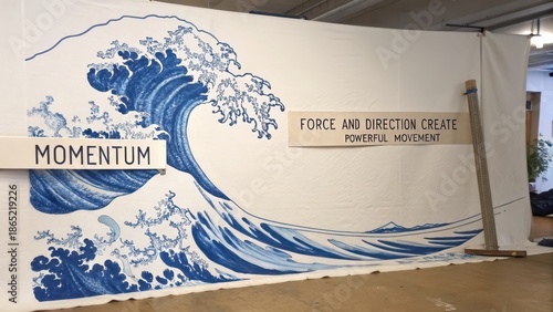 A stunning mural of a powerful blue and white ocean wave artfully painted on a white wall, illustrating motion and force