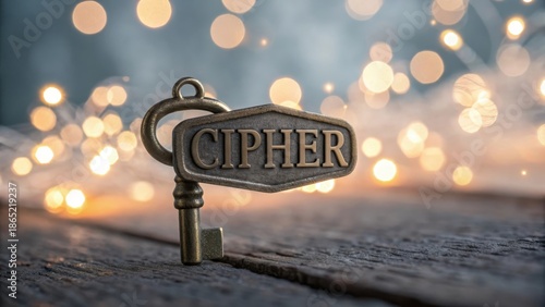 An antique bronze key engraved with the word 'CIPHER' rests on a wooden surface with a softly glowing bokeh background.