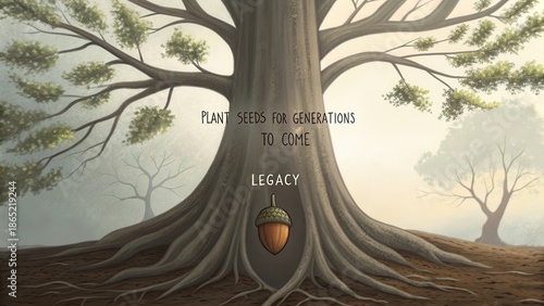 A single potent acorn rests before a towering ancient tree, symbolizing future generations and the planting of legacy.