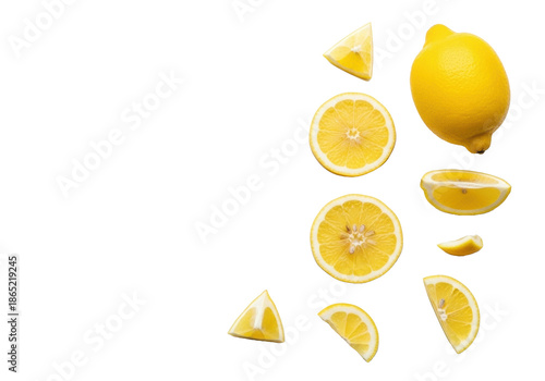 Vibrant whole, sliced, and wedge yellow lemons on a pristine matte white surface, minimalist flat lay photography, top-down view, soft light. Concept of natural freshness