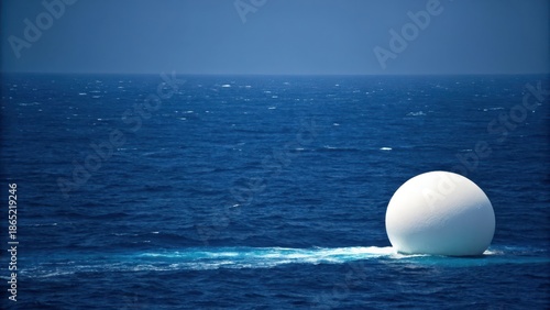 A solitary white sphere floating in the vast deep blue ocean, representing discovery and exploration.