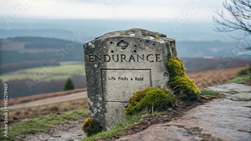 A weathered stone monument inscribed with the word Endurance and the phrase Life finds a Hold, amidst a mossy, hilly landscape.