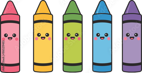 Cartoon-style colorful crayons with smiling faces in pink, yellow, green, blue, and purple, ideal for children’s art, education, and playful design themes.