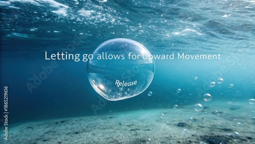 A single transparent bubble rising through clear blue underwater depths, symbolizing release and upward motion