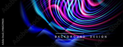 Abstract vibrant lines flow, creating dynamic visual effect. Dark background emphasizes bright colors, modern design elements present.