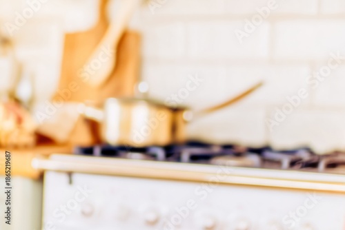 countertop with blurred home kitchen background, kitchen tabletop with copy space over blurred kitchen in background