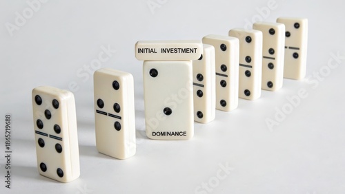 Arrangement of six smooth white ceramic dominoes standing upright with 'Initial Investment' and 'Dominance' inscribed.