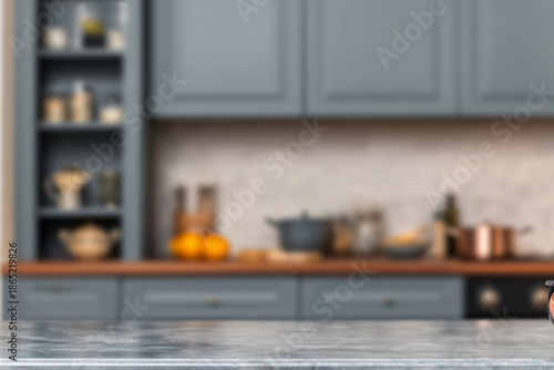 countertop with blurred home kitchen background, kitchen tabletop with copy space over blurred kitchen in background
