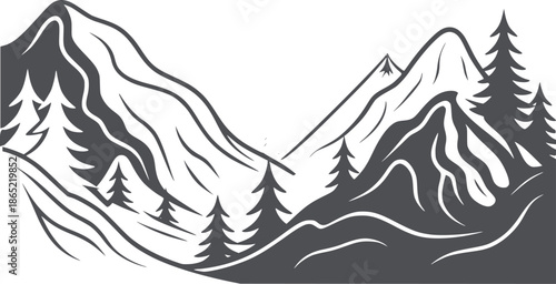 Minimalist black and line of mountain range with pine trees