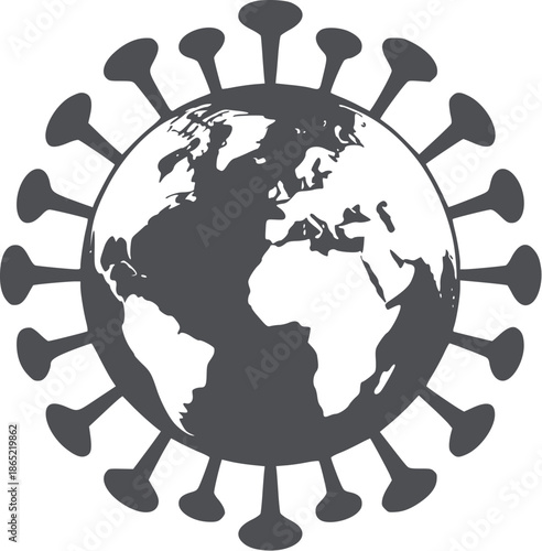 Minimalist black globe surrounded by viral spikes