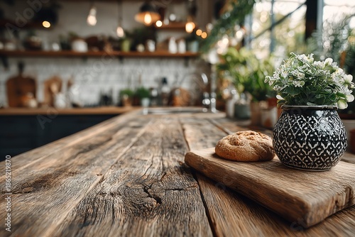 countertop with blurred home kitchen background, kitchen tabletop with copy space over blurred kitchen in background