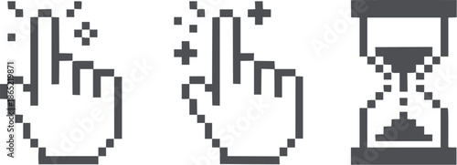 Minimalist black hand cursor and printer in pixel style