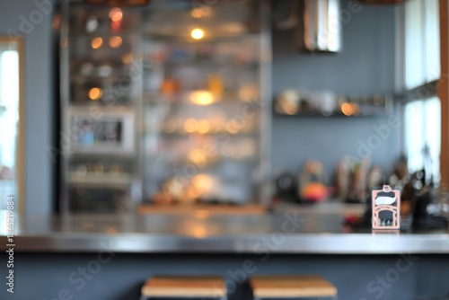 countertop with blurred home kitchen background, kitchen tabletop with copy space over blurred kitchen in background