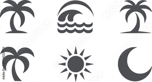 Six black tropical and nature including palm trees waves sun and moon